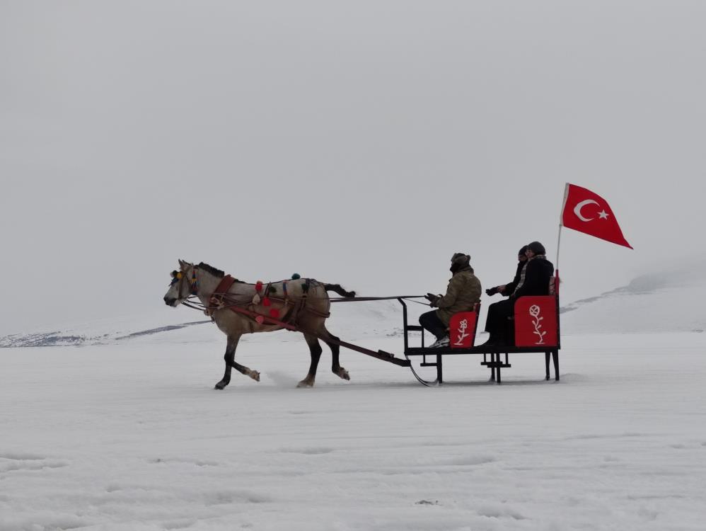 Buz üstünde atlı kızak keyfi