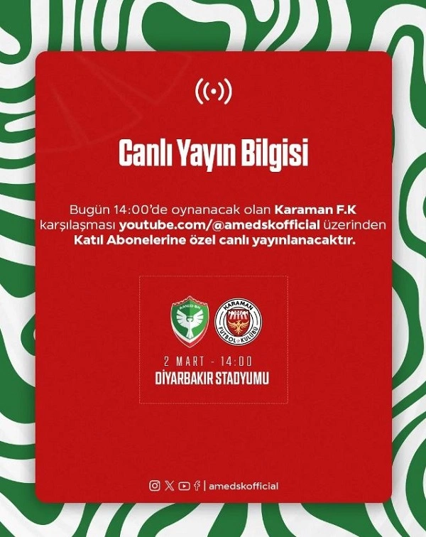 Amedspor, Karaman FK karşılaşmasını canlı izle