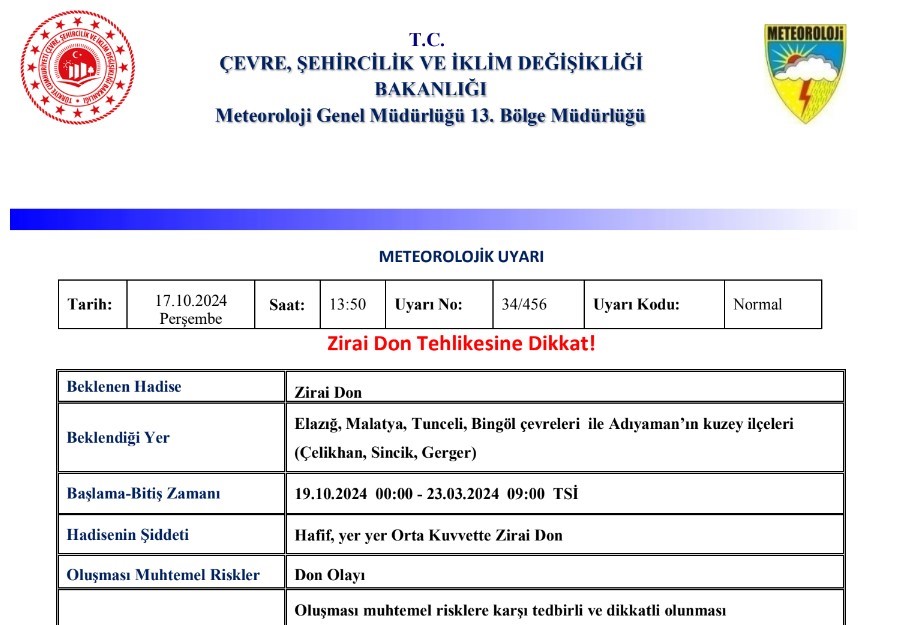 Meteoroloji Elazığ için zirai don uyarısı