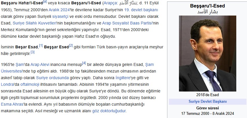 Beşşar Esed’in İktidardan Düşüşü Wikipedia’ya Yansıdı