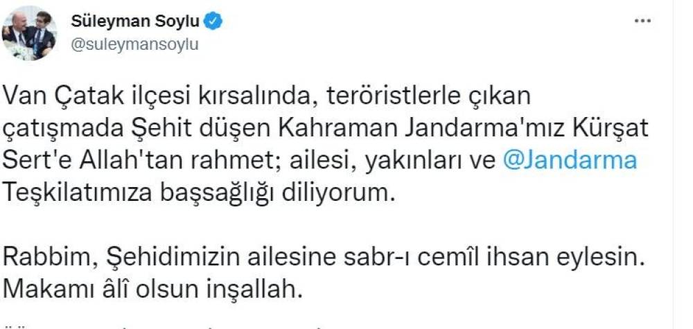 Bakan Soylu’dan şehit Jandarma Kürşat Sel için başsağlığı mesajı
