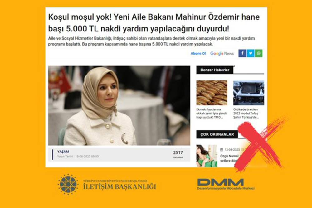 "Hane başı 5 bin TL nakdi yardım yapılacağı" iddiası doğru değil